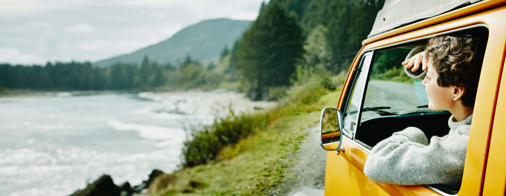 Camper van next to a river