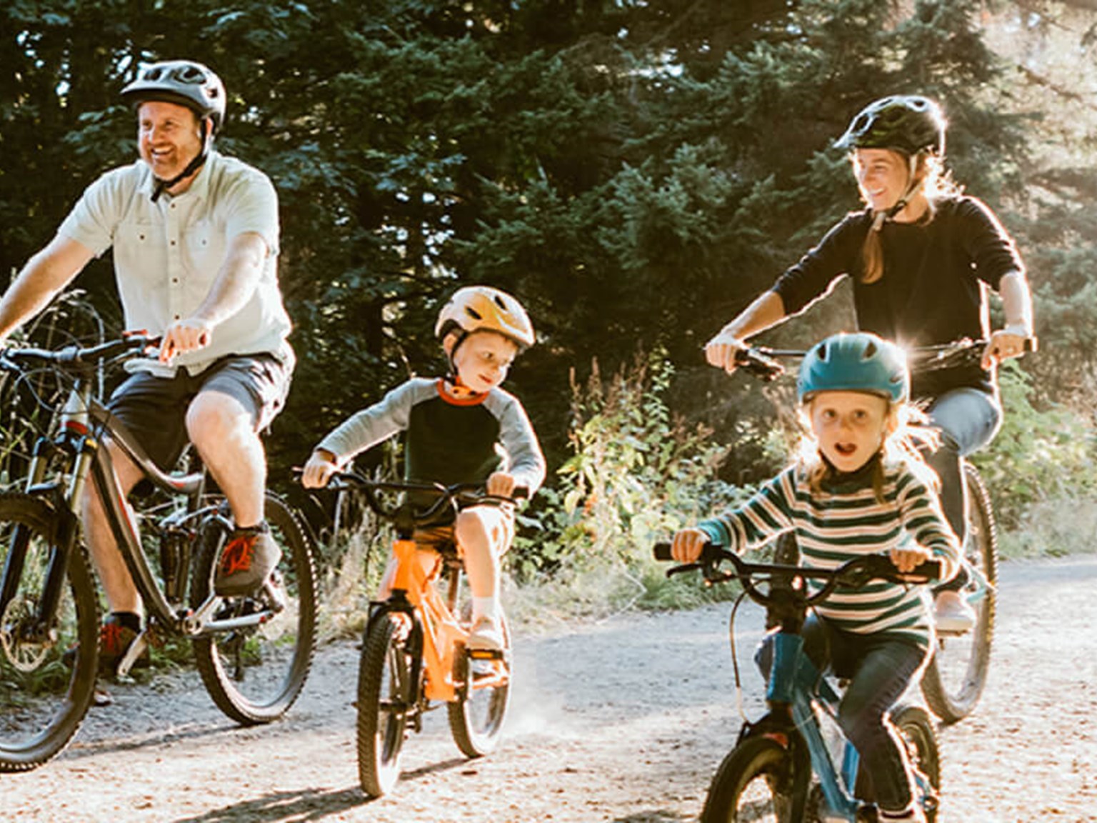 Family riding bicycles through the woods on a sunny day