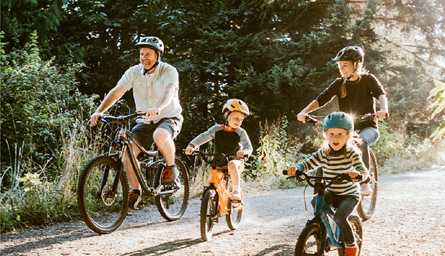 Family riding bicycles through the woods on a sunny day