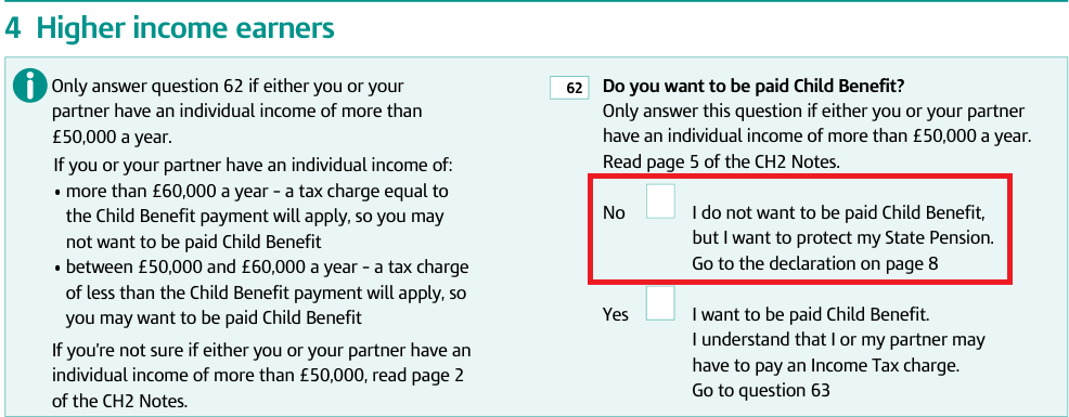Portion of the application for child benefit claim, for higher income earners