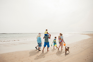 Rear view of a family walking along the beach with their dog while on holiday.