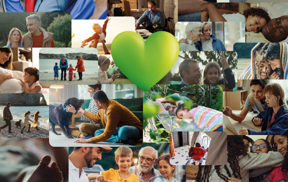 Green heard surrounded by collage of photos