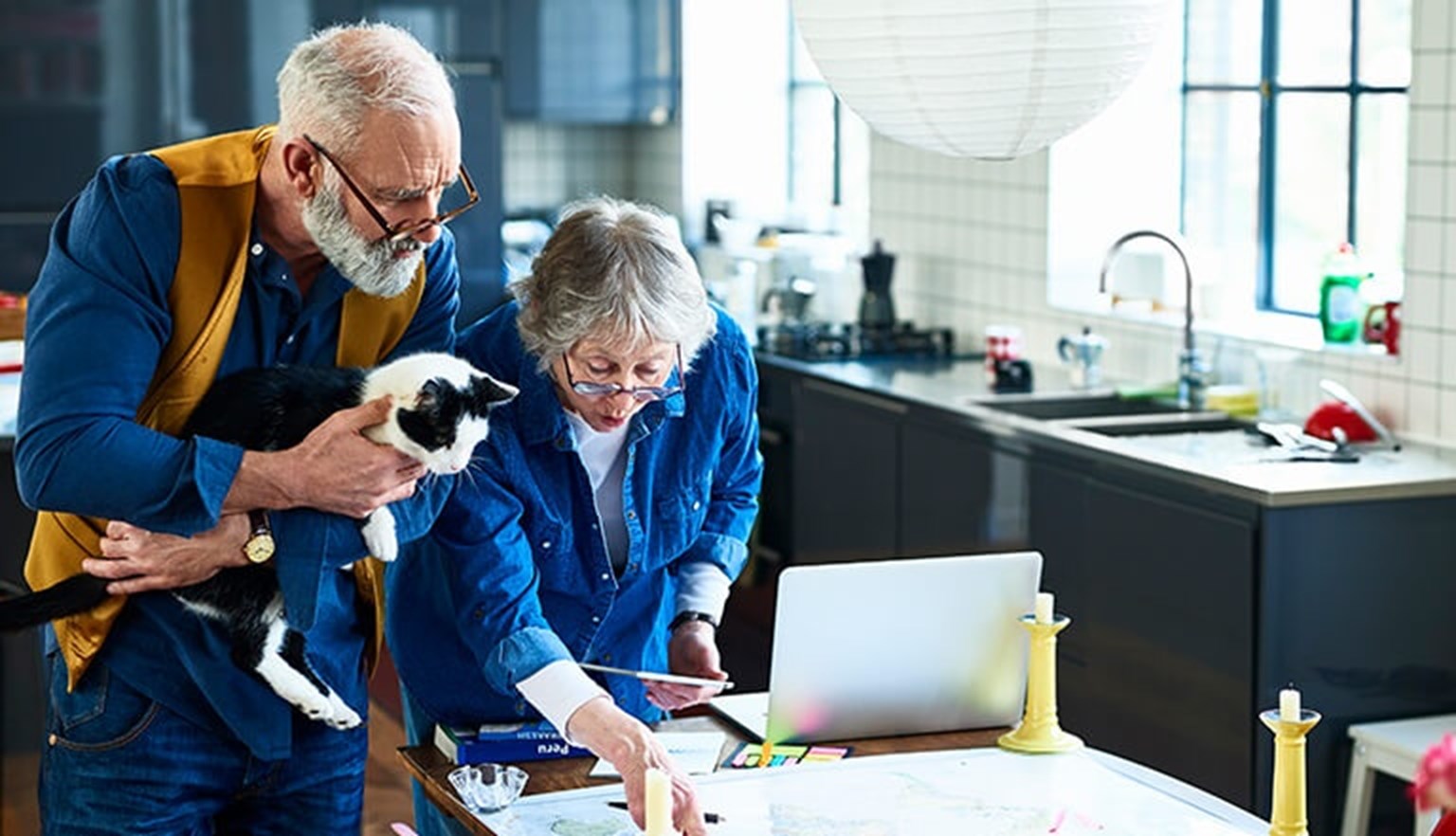 Couple and cat looking at map