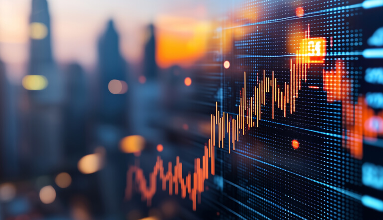 Abstract photo of city skyline with stock market graphics overlaid